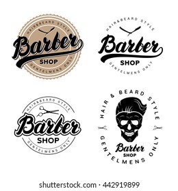 Set of vintage barber shop badges, emblems, labels or logotype. Retro style. Hand written lettering logo. Vector illustration.