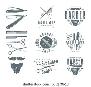 Set of vintage barber shop badges and design elements. Isolated on white background