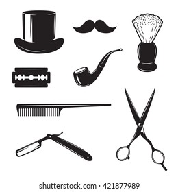 Set of vintage barber shop design elements. Objects for creating emblems, labels, badges. Vector illustration.