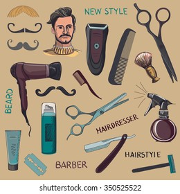 Set of vintage barber shop elements. Scissors, razor, shaving brush, barber pole, shaving mirror, mustache, comp. Blue background