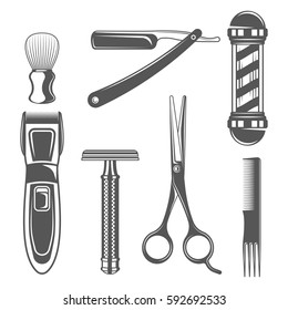 Set of vintage barber shop elements in monochrome style. Design elements for logo, label, emblem.