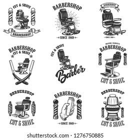 Set of vintage barber shop emblems with barber chair, badges and design elements.  for logo, label, sign. Vector illustration