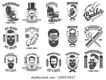 Set of vintage barber shop emblems, badges and design elements.  for logo, label, sign. Vector illustration