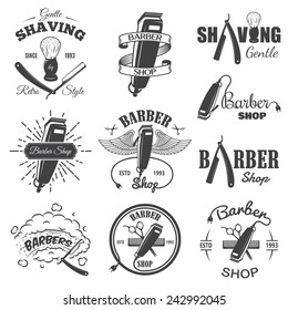 Set of vintage barber shop emblems, label, badges and designed elements. Monochrome linear style