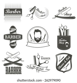 Set of vintage barber shop emblems, label, badges and designed elements. Monochrome linear style