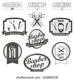 Set of vintage barber shop emblems, label, badges and designed elements. Monochrome linear style