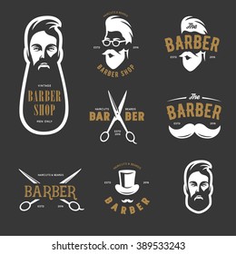 Set of vintage barber shop emblems, label, badges and design elements. Monochrome male faces. Vintage vector illustration.