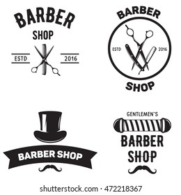 Set of vintage barber shop emblems label badges and designed elements. Monochrome linear style
