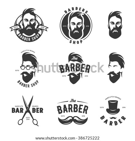 Set of vintage barber shop emblems, labels, badges and design elements. Monochrome male faces. Vintage vector illustration.