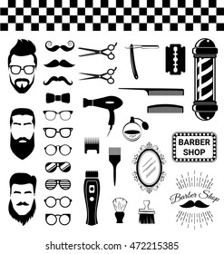 Set of vintage barber shop items on white background
