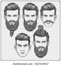 Set of vintage Barber shop labels, badges, emblems and design elements. Vector black and white illustration.