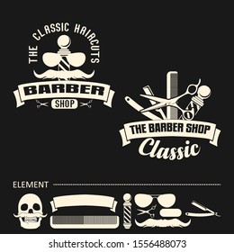 set of vintage barber shop labels. black and white classic ribbons banners group with place for your text. Ribbons for design, business, logo, cards, and etc