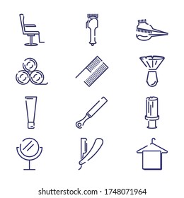 Set of vintage barber shop logo, labels, badges and design element. Barbershop equipment, tools, cosmetics vector icons 