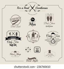 Set of vintage barber shop logo, badges and design element. Gentleman labels for men clothing and accessories.