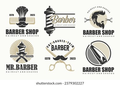 Set of vintage barber shop logo, labels, badges and design element.