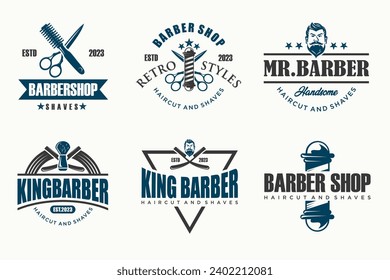 Set of vintage barber shop logo, labels, badges and design element . Vector illustration
