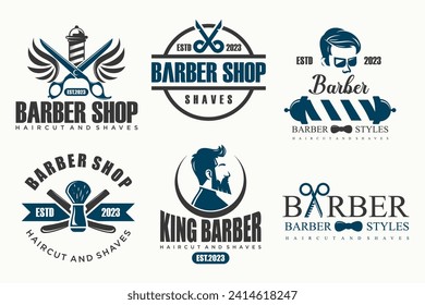 Conjunto de logotipo vintage de barbería, etiquetas, insignias y elementos de diseño. Ilustración del vector.