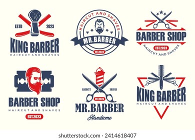 Set of vintage barber shop logo, labels, badges and design element. Vector illustration .