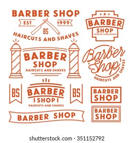 Set of vintage barber shop logo, labels, badges and design element. Haircuts and shaves.