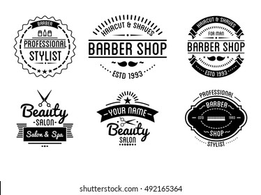 Set Of Vintage Barber Shop Logo And Beauty Spa Salon Badges. Vector Elements. Isolated Icons On White Background