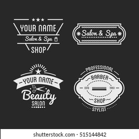 Set of vintage barber shop logo and beauty spa salon badges. Vector elements. Isolated icons on dark background