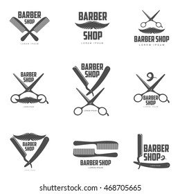 Set of vintage barber shop logos, labels, badges and design elements, vector illustration isolated on white background. Combs, moustache and scissors logos for barbershops, beauty salons, hairdressers