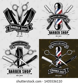 Set of vintage Barber Shop posters, logos, labels, emblems or badges. Vector illustration