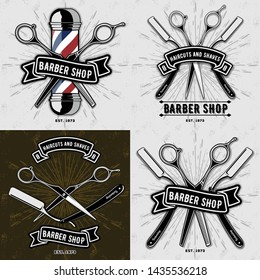 Set of vintage Barber Shop posters, logos, labels, emblems or badges. Vector illustration