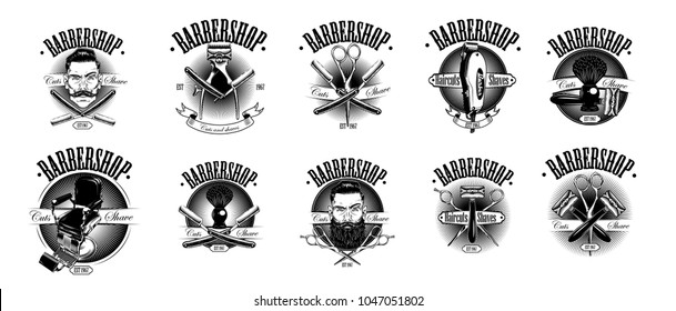 Set of vintage barbershop emblems. Isolated on white background. Can use stiker , labels, badges, logos