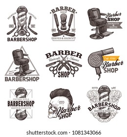 Set of vintage barbershop emblems, labels and badges in hand drawn sketch engraving style. Barber shop design