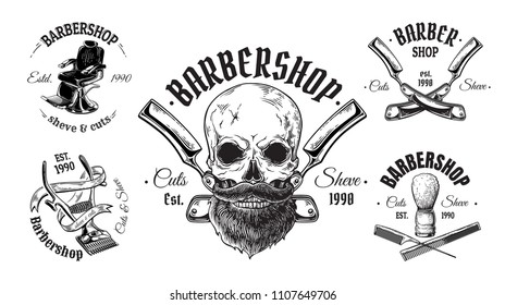 Set of vintage barbershop emblems labels badges logos skull hair. Isolated on white background. Vector illustration