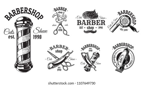 Set of vintage barbershop emblems labels badges logos scissors blade brush pole. Isolated on white background. Vector illustration