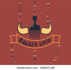 Set of vintage barbershop emblems, labels, badges, logos. Vector collection of hand drawn barbershop tools and accessories with hipster model man.