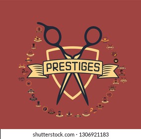 Set of vintage barbershop emblems, labels, badges, logos. Vector collection of hand drawn barbershop tools and accessories with hipster model man.