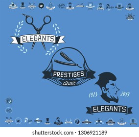 Set of vintage barbershop emblems, labels, badges, logos. Vector collection of hand drawn barbershop tools and accessories with hipster model man.