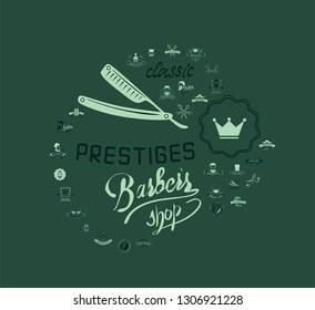 Set of vintage barbershop emblems, labels, badges, logos. Vector collection of hand drawn barbershop tools and accessories with hipster model man.