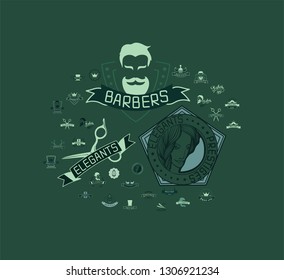 Set of vintage barbershop emblems, labels, badges, logos. Vector collection of hand drawn barbershop tools and accessories with hipster model man.