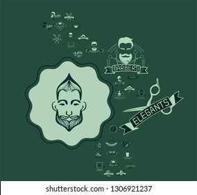 Set of vintage barbershop emblems, labels, badges, logos. Vector collection of hand drawn barbershop tools and accessories with hipster model man.
