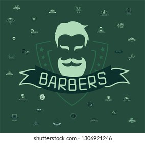 Set of vintage barbershop emblems, labels, badges, logos. Vector collection of hand drawn barbershop tools and accessories with hipster model man.