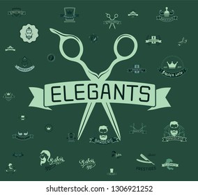 Set of vintage barbershop emblems, labels, badges, logos. Vector collection of hand drawn barbershop tools and accessories with hipster model man.