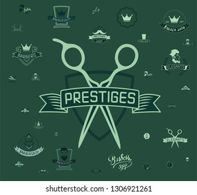 Set of vintage barbershop emblems, labels, badges, logos. Vector collection of hand drawn barbershop tools and accessories with hipster model man.