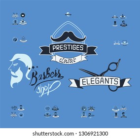 Set of vintage barbershop emblems, labels, badges, logos. Vector collection of hand drawn barbershop tools and accessories with hipster model man.