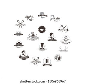 Set of vintage barbershop emblems, labels, badges, logos. Vector collection of hand drawn barbershop tools and accessories with hipster model man.
