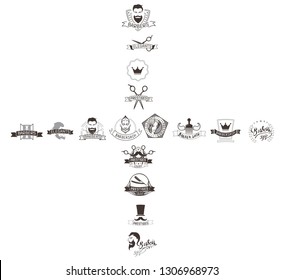 Set of vintage barbershop emblems, labels, badges, logos. Vector collection of hand drawn barbershop tools and accessories with hipster model man.