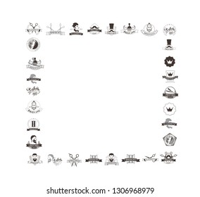 Set of vintage barbershop emblems, labels, badges, logos. Vector collection of hand drawn barbershop tools and accessories with hipster model man.