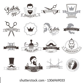 Set of vintage barbershop emblems, labels, badges, logos. Vector collection of hand drawn barbershop tools and accessories with hipster model man.
