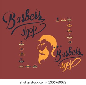 Set of vintage barbershop emblems, labels, badges, logos. Vector collection of hand drawn barbershop tools and accessories with hipster model man.