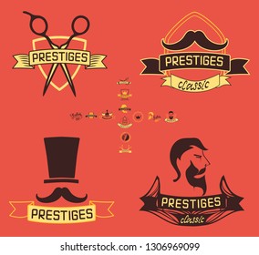 Set of vintage barbershop emblems, labels, badges, logos. Vector collection of hand drawn barbershop tools and accessories with hipster model man.
