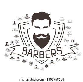 Set of vintage barbershop emblems, labels, badges, logos. Vector collection of hand drawn barbershop tools and accessories with hipster model man.