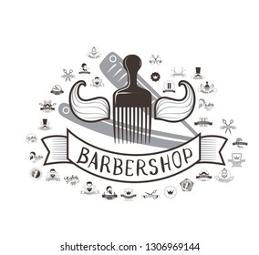 Set of vintage barbershop emblems, labels, badges, logos. Vector collection of hand drawn barbershop tools and accessories with hipster model man.